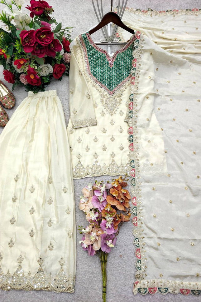 Designer Party Chinon Silk Sharara Suit and Dupatta Set | Embroidery Sequin Mirror Work - Rosepetals Luxe