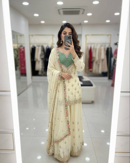 Designer Party Chinon Silk Sharara Suit and Dupatta Set | Embroidery Sequin Mirror Work - Rosepetals Luxe