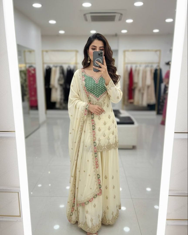 Designer Party Chinon Silk Sharara Suit and Dupatta Set | Embroidery Sequin Mirror Work - Rosepetals Luxe