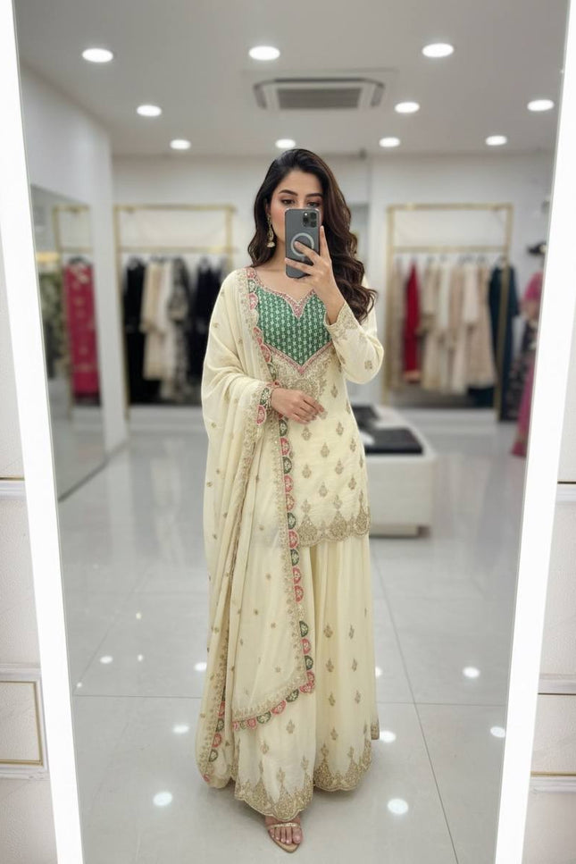 Designer Party Chinon Silk Sharara Suit and Dupatta Set | Embroidery Sequin Mirror Work - Rosepetals Luxe