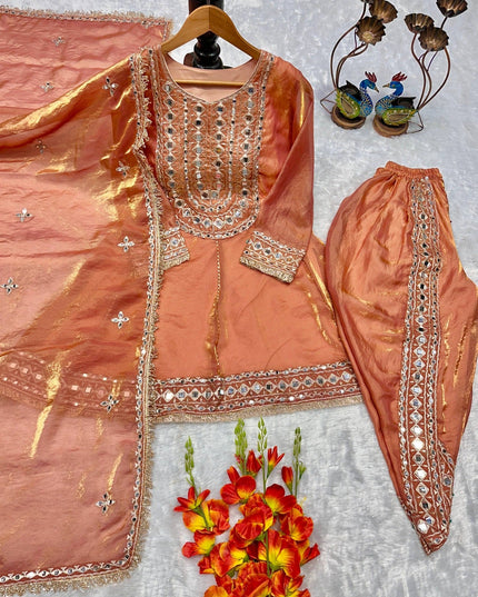 Designer Party Wear Dhoti Suit Set with Mirror Work - Heavy Frendy Silk - Rosepetals Luxe