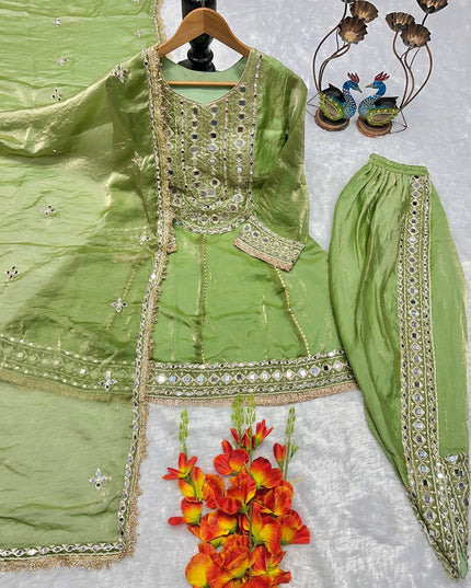Designer Party Wear Dhoti Suit Set with Mirror Work - Heavy Frendy Silk - Rosepetals Luxe