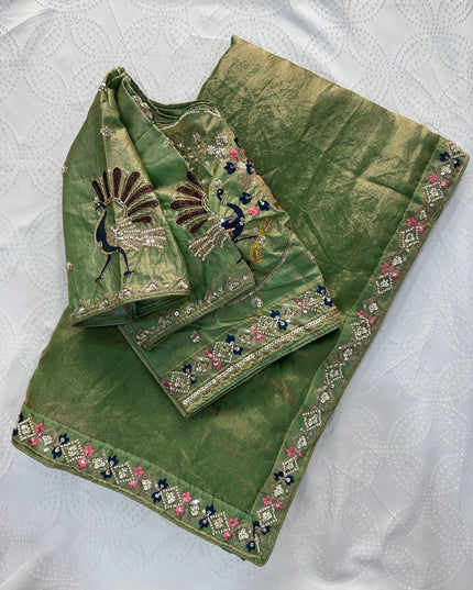 Designer Party Wear Fendi Satin Silk Saree with 3 Beads Sequence Cutdana Embroidery and Stitched Blouse - Rosepetals Luxe
