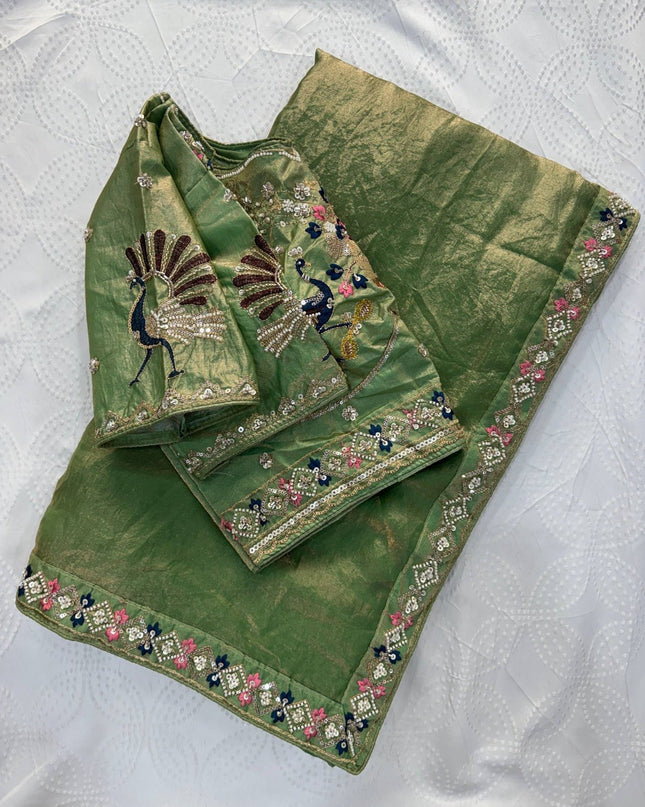 Designer Party Wear Fendi Satin Silk Saree with 3 Beads Sequence Cutdana Embroidery and Stitched Blouse - Rosepetals Luxe