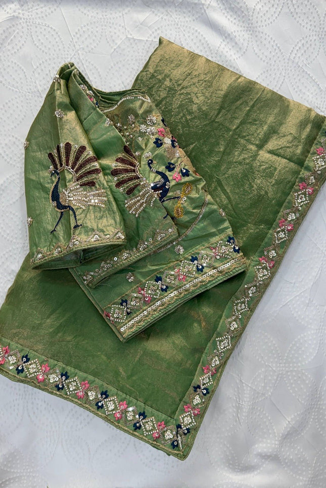 Designer Party Wear Fendi Satin Silk Saree with 3 Beads Sequence Cutdana Embroidery and Stitched Blouse - Rosepetals Luxe