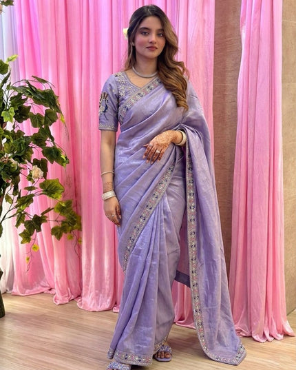 Designer Party Wear Fendi Satin Silk Saree with 3 Beads Sequence Cutdana Embroidery and Stitched Blouse - Rosepetals Luxe