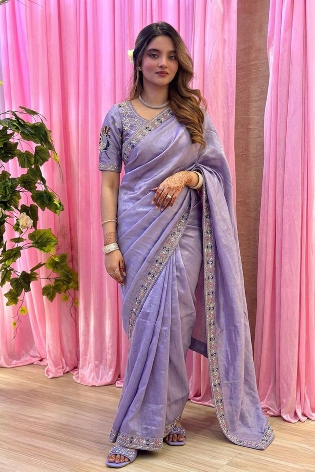 Designer Party Wear Fendi Satin Silk Saree with 3 Beads Sequence Cutdana Embroidery and Stitched Blouse - Rosepetals Luxe