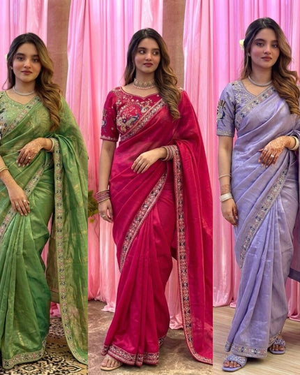 Designer Party Wear Fendi Satin Silk Saree with 3 Beads Sequence Cutdana Embroidery and Stitched Blouse - Rosepetals Luxe