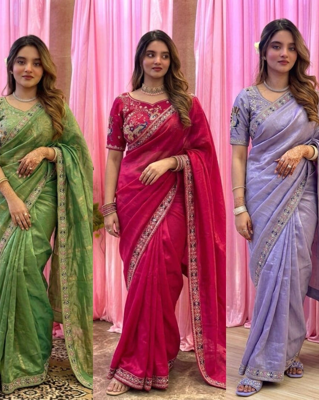 Designer Party Wear Fendi Satin Silk Saree with 3 Beads Sequence Cutdana Embroidery and Stitched Blouse - Rosepetals Luxe