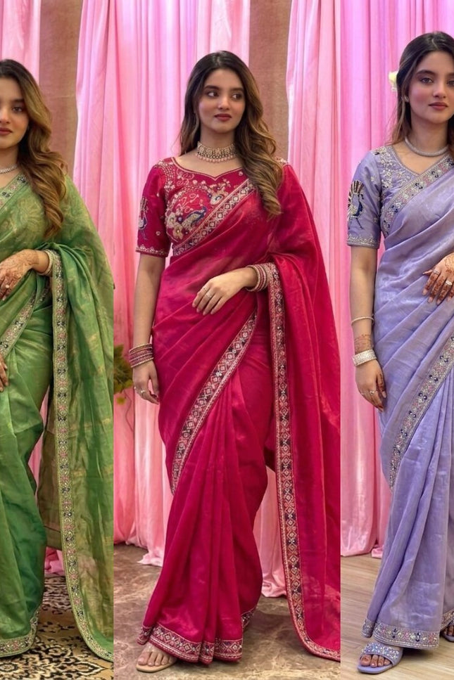 Designer Party Wear Fendi Satin Silk Saree with 3 Beads Sequence Cutdana Embroidery and Stitched Blouse - Rosepetals Luxe