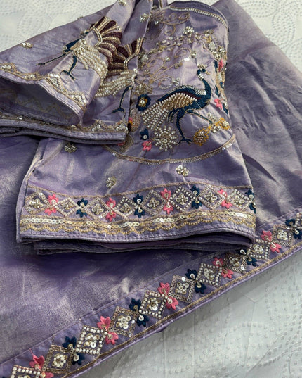 Designer Party Wear Fendi Satin Silk Saree with 3 Beads Sequence Cutdana Embroidery and Stitched Blouse - Rosepetals Luxe