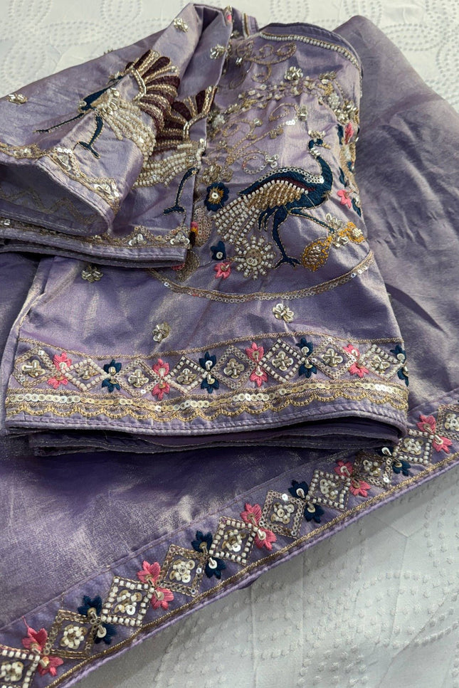Designer Party Wear Fendi Satin Silk Saree with 3 Beads Sequence Cutdana Embroidery and Stitched Blouse - Rosepetals Luxe