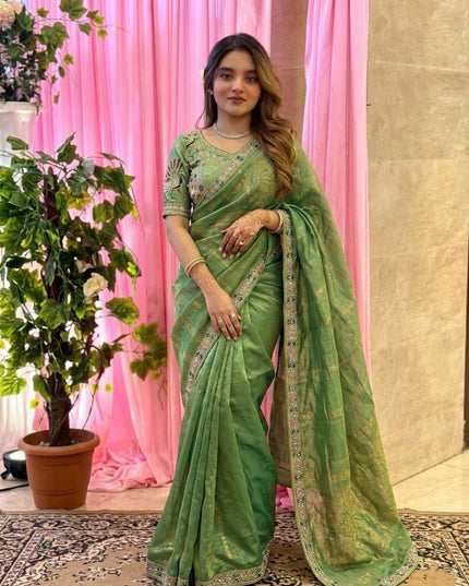 Designer Party Wear Fendi Satin Silk Saree with 3 Beads Sequence Cutdana Embroidery and Stitched Blouse - Rosepetals Luxe