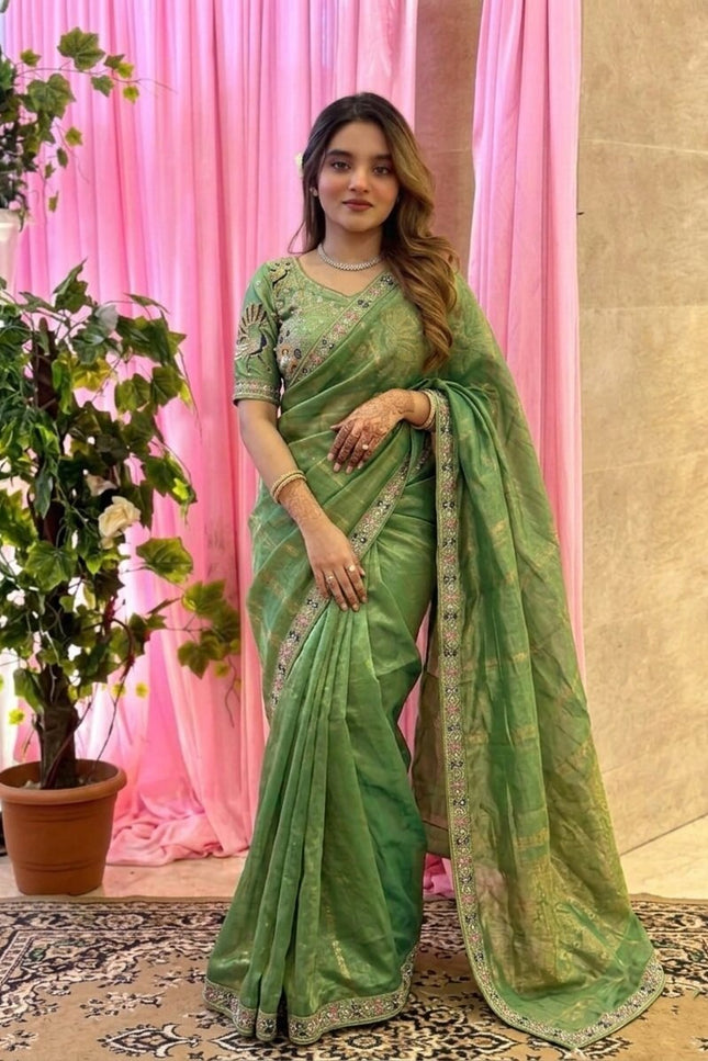 Designer Party Wear Fendi Satin Silk Saree with 3 Beads Sequence Cutdana Embroidery and Stitched Blouse - Rosepetals Luxe