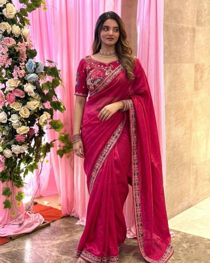 Designer Party Wear Fendi Satin Silk Saree with 3 Beads Sequence Cutdana Embroidery and Stitched Blouse - Rosepetals Luxe