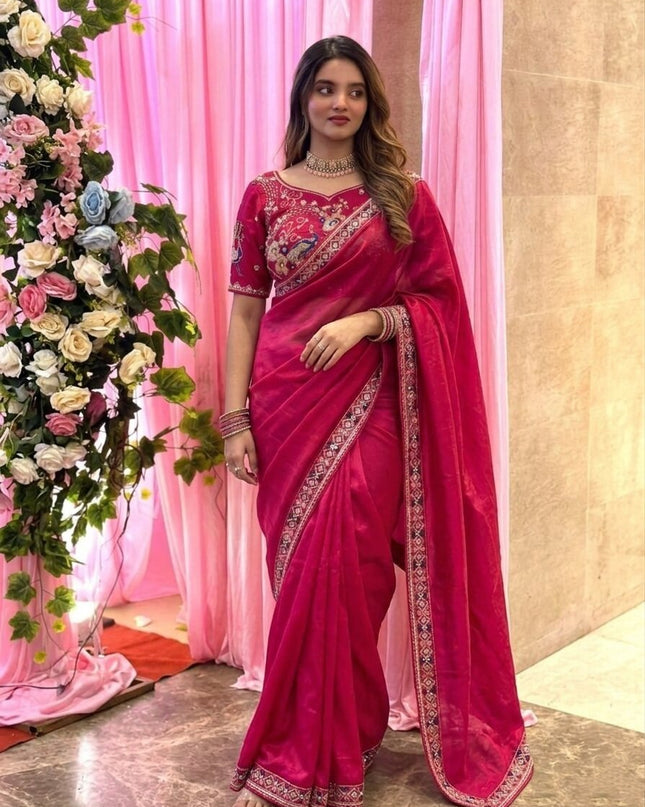 Designer Party Wear Fendi Satin Silk Saree with 3 Beads Sequence Cutdana Embroidery and Stitched Blouse - Rosepetals Luxe