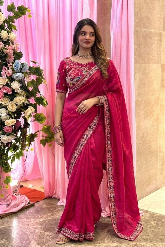 Designer Party Wear Fendi Satin Silk Saree with 3 Beads Sequence Cutdana Embroidery and Stitched Blouse - Rosepetals Luxe