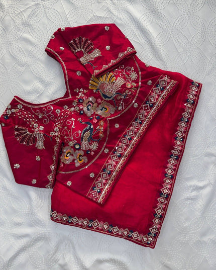 Designer Party Wear Fendi Satin Silk Saree with 3 Beads Sequence Cutdana Embroidery and Stitched Blouse - Rosepetals Luxe