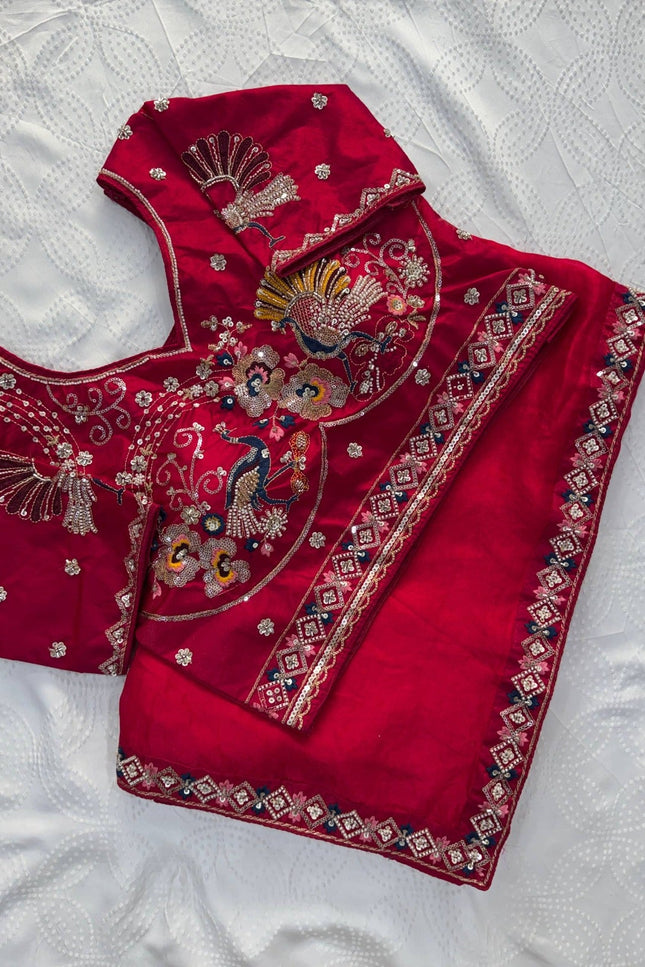 Designer Party Wear Fendi Satin Silk Saree with 3 Beads Sequence Cutdana Embroidery and Stitched Blouse - Rosepetals Luxe