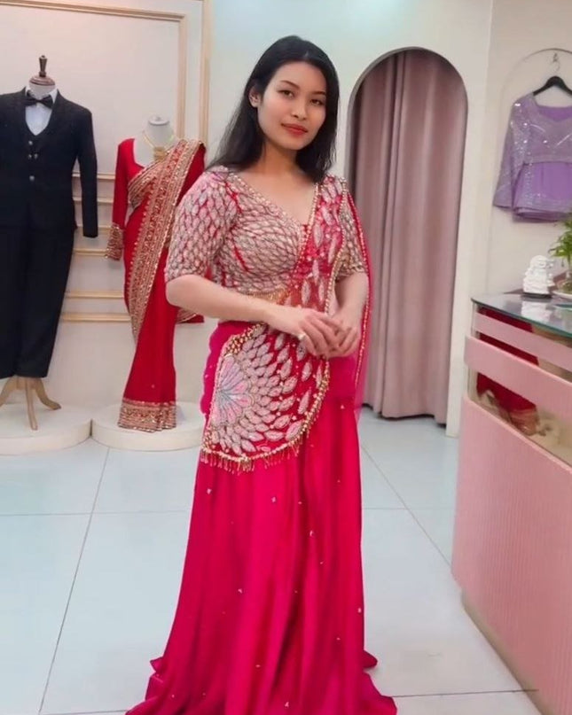 Designer Party Wear Lehenga Saree with Embroidery Blouse & Net Dupatta - Rosepetals Luxe