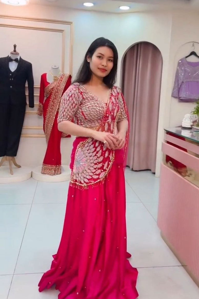 Designer Party Wear Lehenga Saree with Embroidery Blouse & Net Dupatta - Rosepetals Luxe