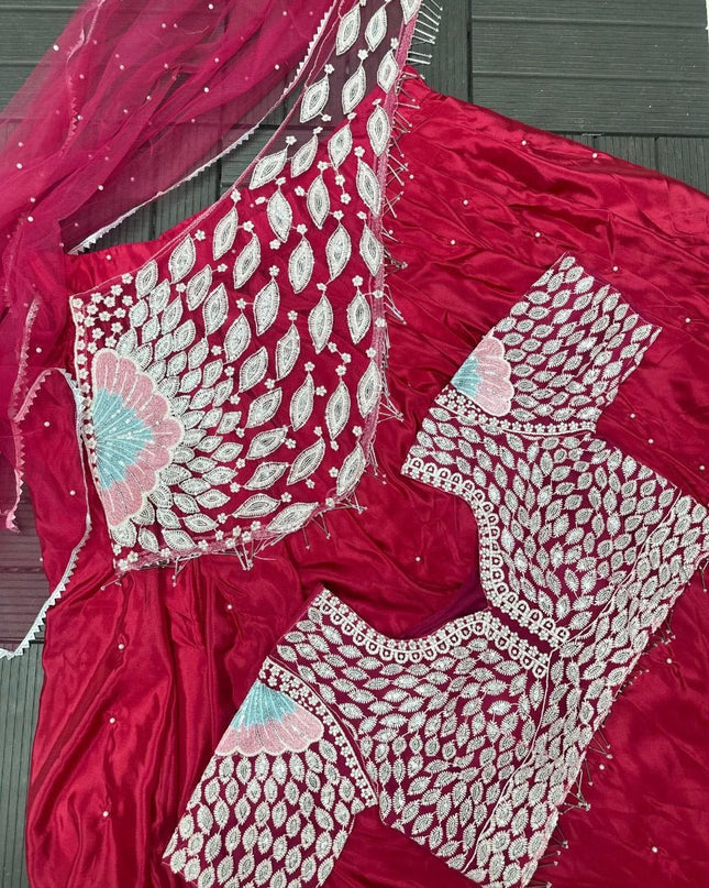 Designer Party Wear Lehenga Saree with Embroidery Blouse & Net Dupatta - Rosepetals Luxe