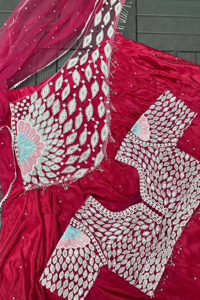 Designer Party Wear Lehenga Saree with Embroidery Blouse & Net Dupatta - Rosepetals Luxe