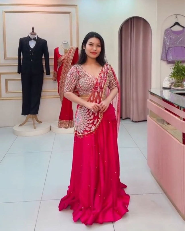 Designer Party Wear Lehenga Saree with Embroidery Blouse & Net Dupatta - Rosepetals Luxe