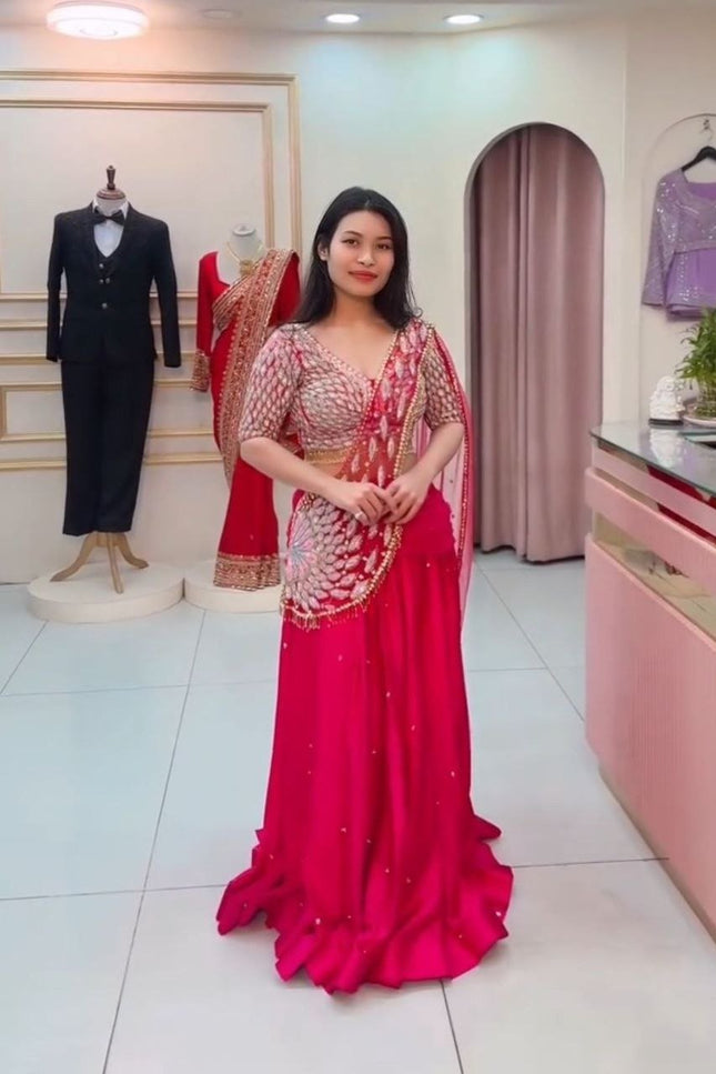 Designer Party Wear Lehenga Saree with Embroidery Blouse & Net Dupatta - Rosepetals Luxe