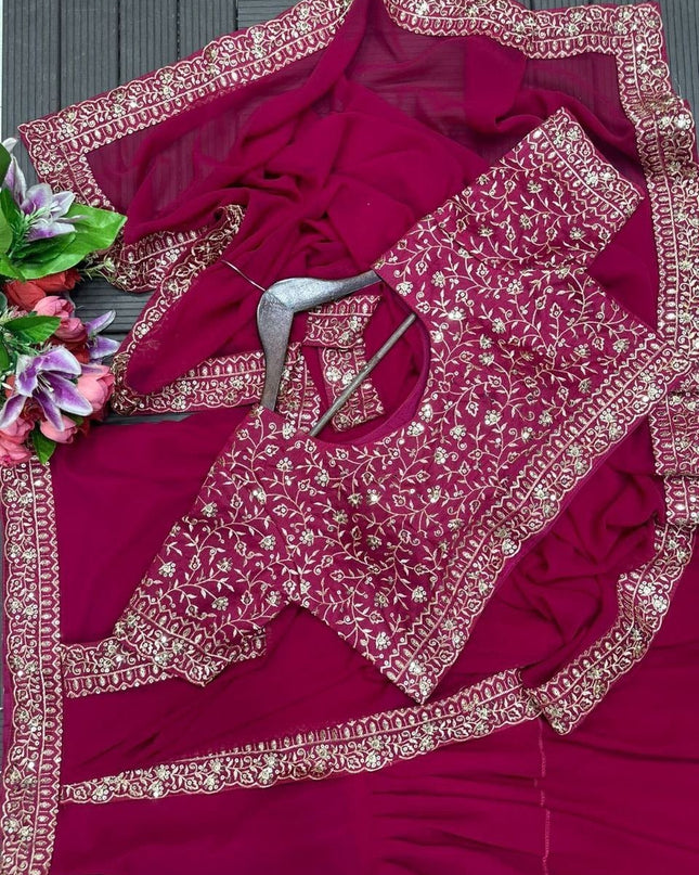 Designer Party Wear Lehenga Saree With Stitched Blouse and Embroidery Work - Rosepetals Luxe
