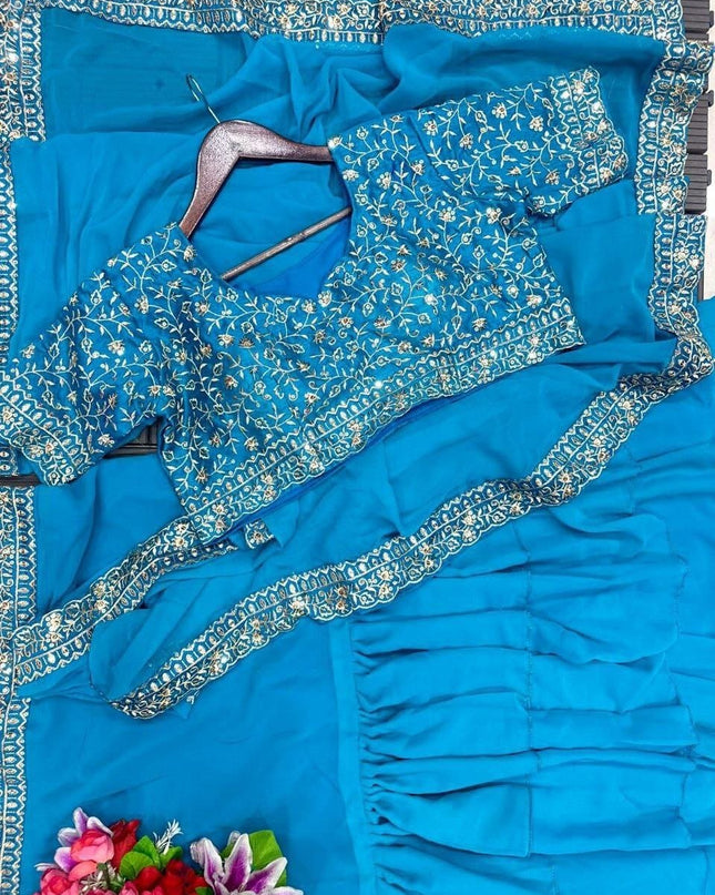 Designer Party Wear Lehenga Saree With Stitched Blouse and Embroidery Work - Rosepetals Luxe