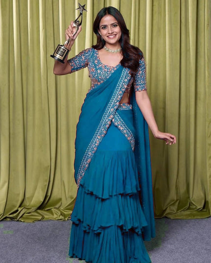Designer Party Wear Lehenga Saree With Stitched Blouse and Embroidery Work - Rosepetals Luxe