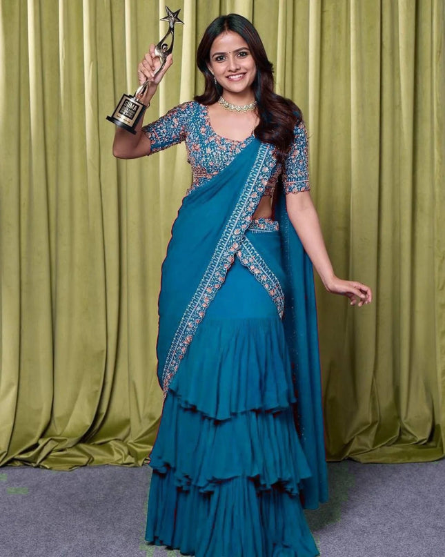 Designer Party Wear Lehenga Saree With Stitched Blouse and Embroidery Work - Rosepetals Luxe