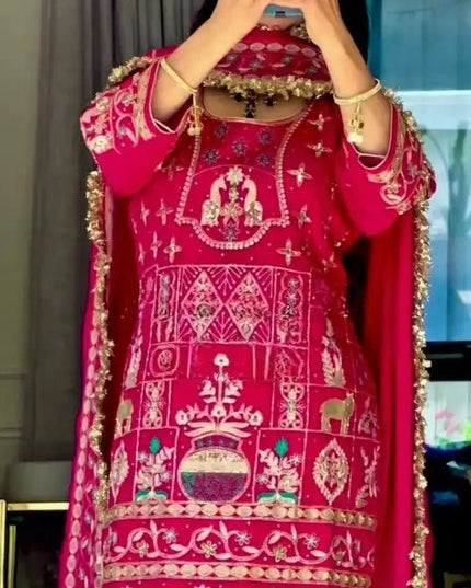 Designer Party Wear Natural Crepe Top, Dhoti Salwar and Dupatta Set - Rosepetals Luxe