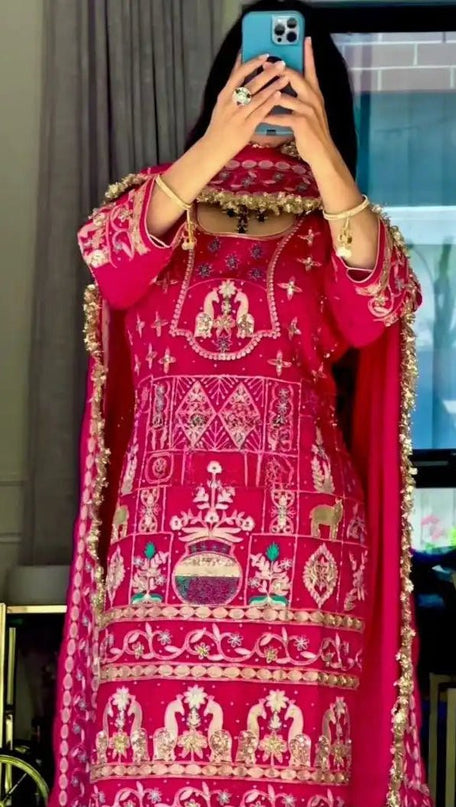 Designer Party Wear Natural Crepe Top, Dhoti Salwar and Dupatta Set - Rosepetals Luxe