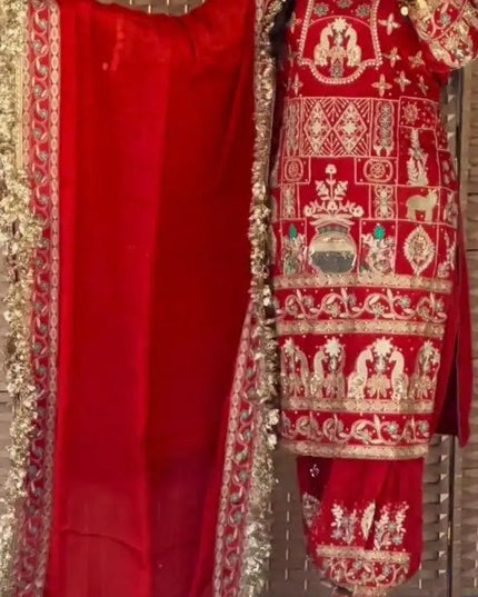 Designer Party Wear Natural Crepe Top, Dhoti Salwar and Dupatta Set - Rosepetals Luxe