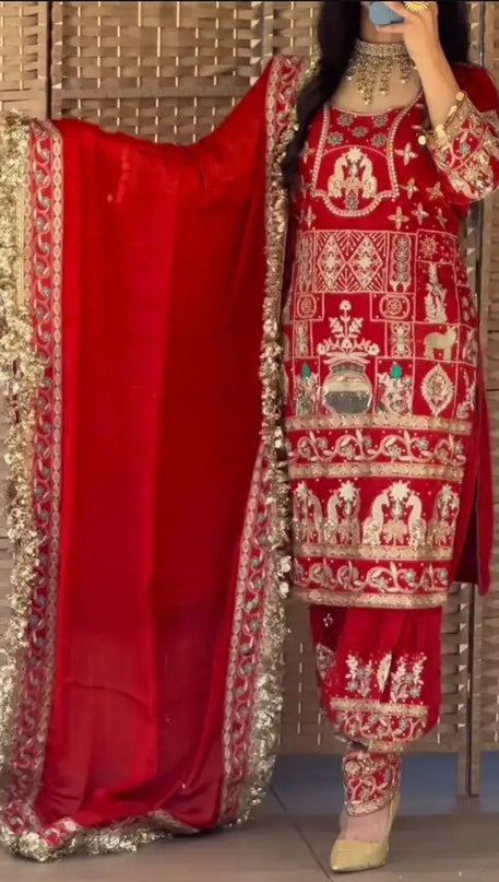Designer Party Wear Natural Crepe Top, Dhoti Salwar and Dupatta Set - Rosepetals Luxe