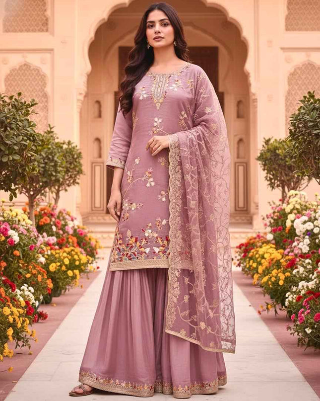 Designer Party Wear Pure GMY Silk Top Palazzo & Dupatta Set - Rosepetals Luxe