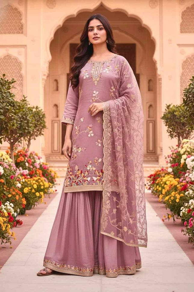Designer Party Wear Pure GMY Silk Top Palazzo & Dupatta Set - Rosepetals Luxe