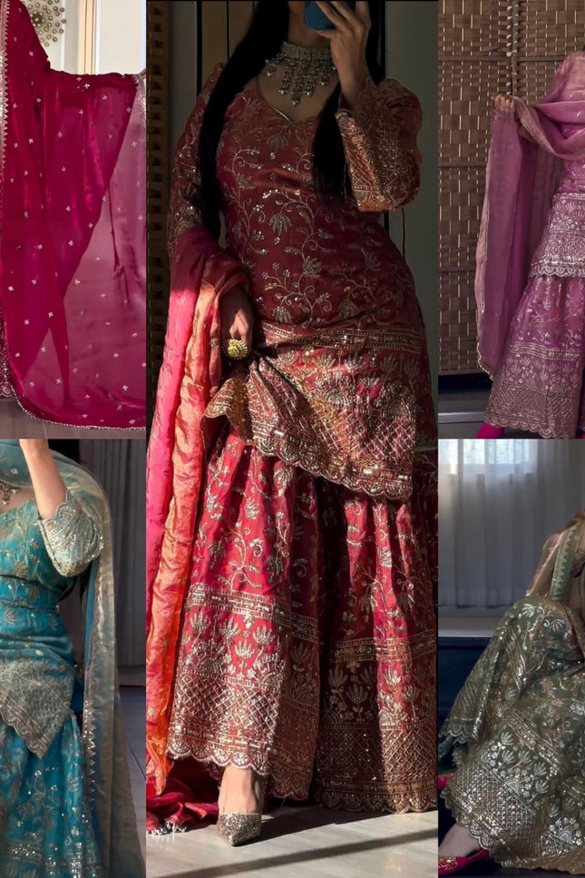 Designer Party Wear Top Sharara Palazzo Set with Embroidered Dupatta - Rosepetals Luxe