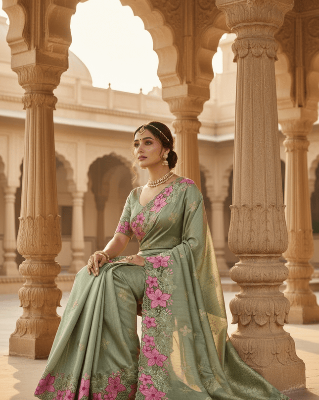 Designer Premium Gadwal Silk Saree with Multi Thread Embroidery & Cutwork Border - Rosepetals Luxe