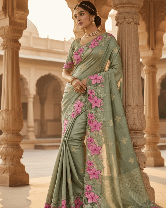 Designer Premium Gadwal Silk Saree with Multi Thread Embroidery & Cutwork Border - Rosepetals Luxe