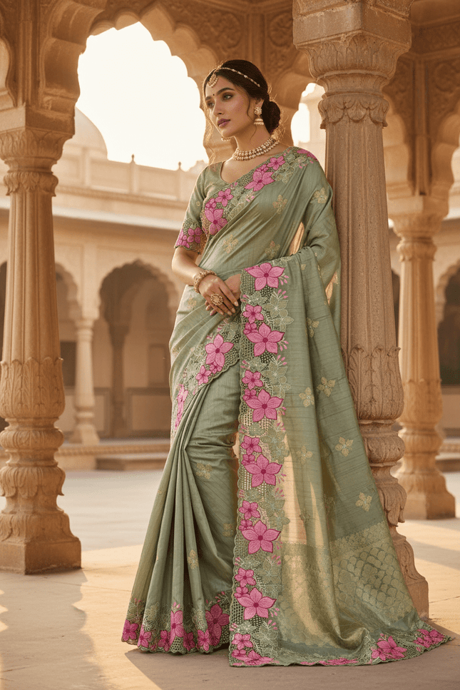 Designer Premium Gadwal Silk Saree with Multi Thread Embroidery & Cutwork Border - Rosepetals Luxe
