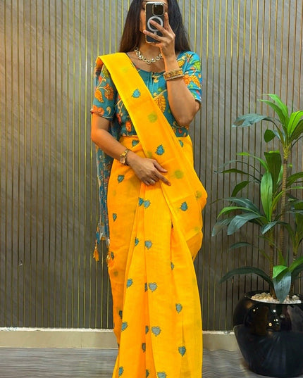 Designer Premium Linen Silk Ready To Wear Gown Saree | Kalamkari Printed Work - Rosepetals Luxe