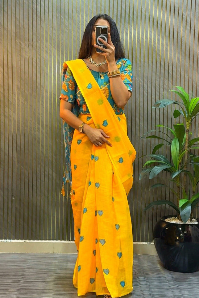 Designer Premium Linen Silk Ready To Wear Gown Saree | Kalamkari Printed Work - Rosepetals Luxe