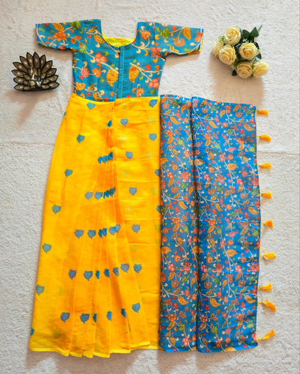 Designer Premium Linen Silk Ready To Wear Gown Saree | Kalamkari Printed Work - Rosepetals Luxe