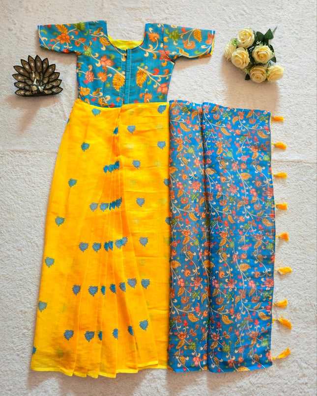 Designer Premium Linen Silk Ready To Wear Gown Saree | Kalamkari Printed Work - Rosepetals Luxe