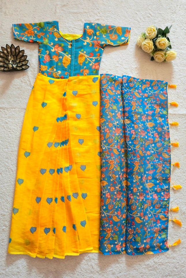 Designer Premium Linen Silk Ready To Wear Gown Saree | Kalamkari Printed Work - Rosepetals Luxe