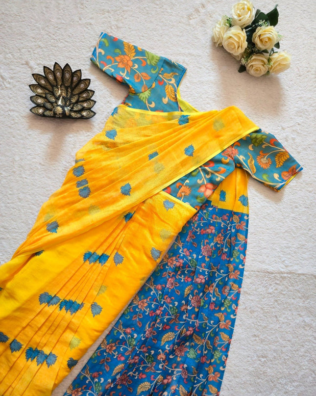 Designer Premium Linen Silk Ready To Wear Gown Saree | Kalamkari Printed Work - Rosepetals Luxe