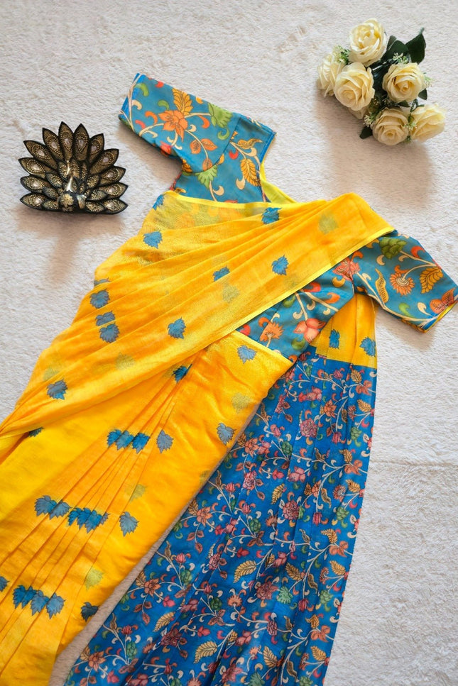Designer Premium Linen Silk Ready To Wear Gown Saree | Kalamkari Printed Work - Rosepetals Luxe